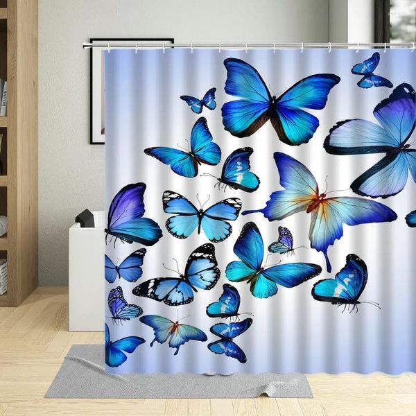 Duschvorhänge, blauer Schmetterling, Heimdekoration, Vorhang, Bildschirmkunst, Poster für Mädchenzimmer, Badezimmer, wasserdicht, Wohnzimmer mit Haken