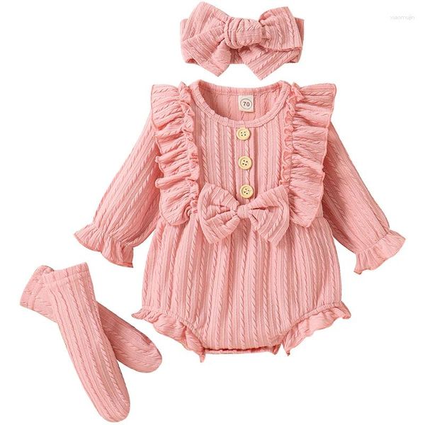 Set di abbigliamento 3 pezzi Primavera Autunno Neonata Vestiti Coreano Carino Fiocco in cotone Manica lunga Tuta Calzini Fascia per capelli Tute nate BC1837