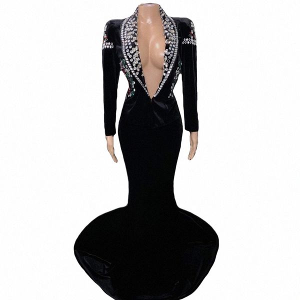 Preto brilhante cristal cisne veet sexy profundo decote em v lg dr para mulheres noite baile roupas palco cantor traje banquete wear q7VL #