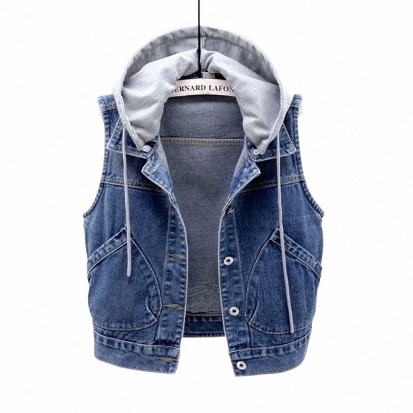 New Denim Vest Donna Primavera Autunno Vestiti Sleevel Wild Tops Giacca corta con cappuccio Donna Denim Jeans Vest Jacket Donna x4E1 #