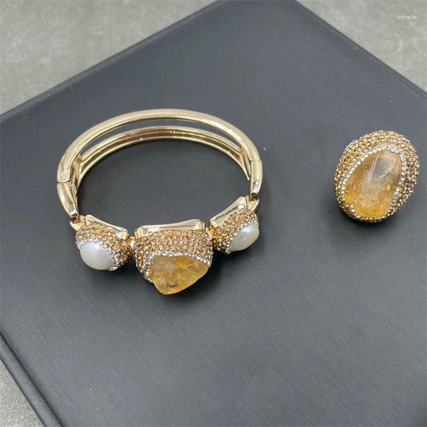 Orecchini per collana con braccialetti in cristallo citrino giallo grezzo naturale, anelli per dita con gioielli barocchi con strass di perle d'acqua dolce