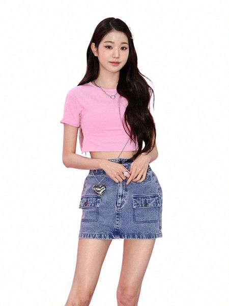 Чжан Юаньин, знаменитость в такой же футболке с короткими рукавами, женская летняя 2023, новая джинсовая юбка с высокой талией, короткий комплект s76d #