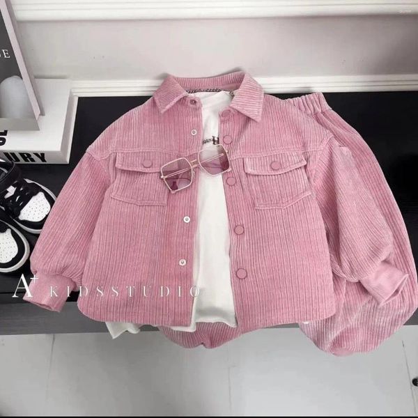 Conjuntos de roupas Moda Outono Primavera Meninos Terno Casual Veludo Rosa Camisa Solta Calça 2 PCS Criança Crianças Bebê Criança Cavalheiro