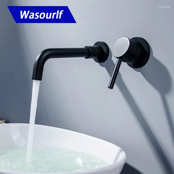 Badezimmer-Waschtischarmaturen WASOURLF Wandmontage aus massivem Messing Schwarz Farbe Wasserhahn und kaltes Modedesign Mischbatterie Kupfer El Modern