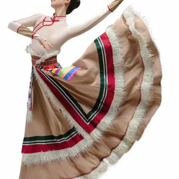 tibetano Costumi di performance di danza Arte femminile Esame Pratica Gonna Grande Altalena Grado Examinati Esercizio Abbigliamento A54s #