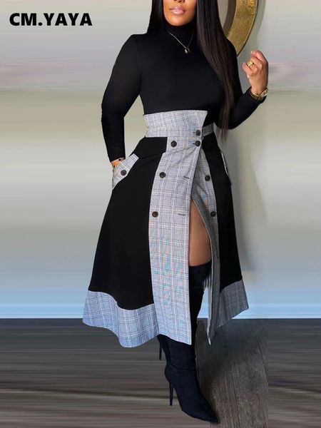 CMYAYA Mode Frauen Plaid Patchwork Doppel Taste Vorne Maxi Rock Anzug Rollkragen T-shirt Zwei 2 Stück Kleid Set Outfit 240329