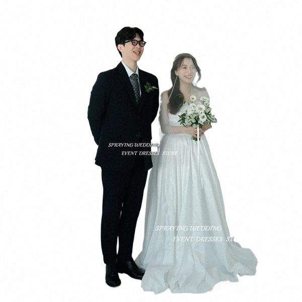 pulverização Simples Coréia Strapl A Linha Wedding Dr Photo Shoot Tafetá Sleevel Até O Chão Pregas Dres Nupcial E2lT #