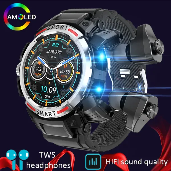 Hochwertige 3-in-1-Herren-Smartwatch mit TWS-Ohrhörern, AMOLED-Bluetooth-Headset, Smartwatch mit Lautsprecher, Tracker, Musik-Sportuhr