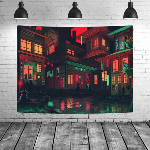 Гобелены Современный ночной город гобелен японского аниме панк неоновая лодка самурайское искусство настенное общежитие цифровая печать украшение дома