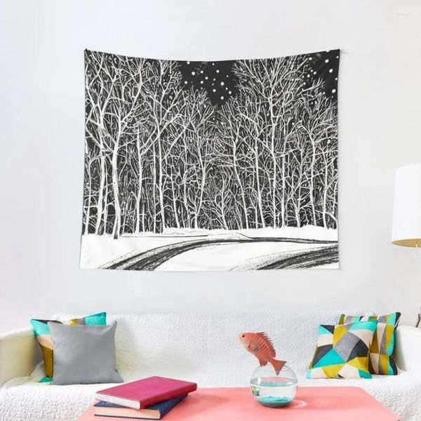Tapeçarias preto e branco árvore de natal neve flocos de neve bonito inverno v44 tapeçaria decoração tapeçarias