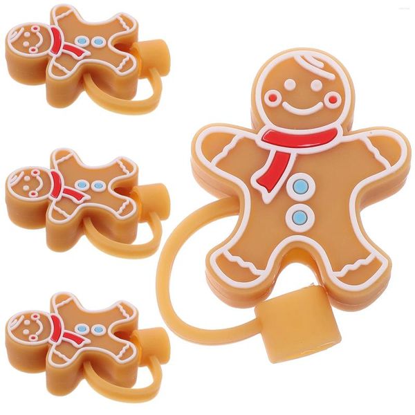 Tek Kullanımlık Bardak Pipetler 4 PCS Noel Köyü Ağacı Saman Toz Kapağı Yeniden Olabilen Parti Dekorasyonu (Candy Man) 4pcs Silikon Kapaklar Uç Fişleri