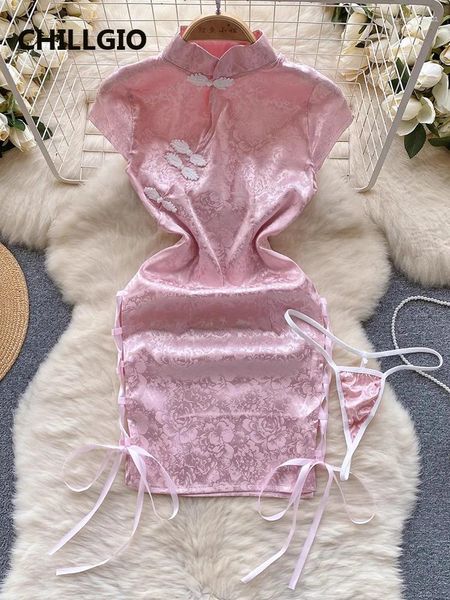 Бальные платья CHILLGIO, женское атласное платье Cheongsam без рукавов с цветочным принтом, ночная рубашка на шнуровке, эротическая модная обтягивающая сексуальная винтажная пижама