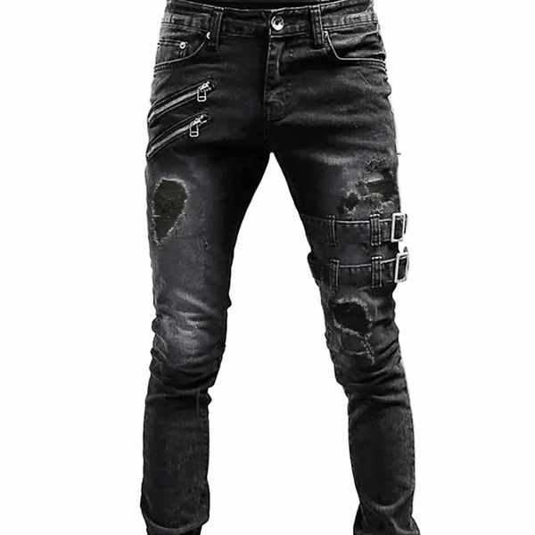 Preto bordado jeans homens cott elástico rasgado jeans magros de alta qualidade hip hop buraco preto fino ajuste calças jeans oversize w0m5 #