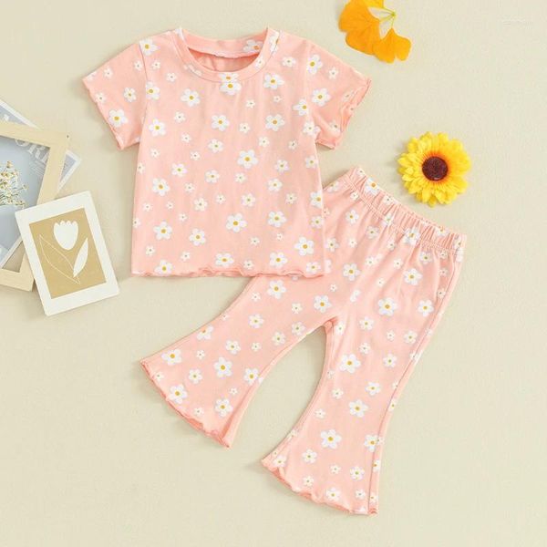 Kleidungssets Kleinkind Baby Mädchen Sommerkleidung Kurzarm T-Shirt mit Blumendruck Top Bell-Bottom-Hose 2-teiliges Outfit