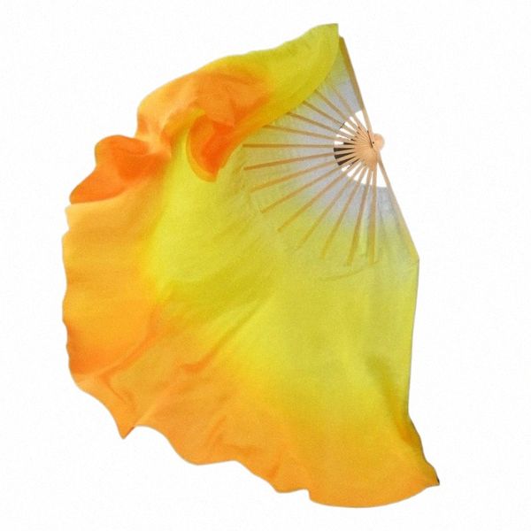 Profial 100% vera seta Fan Velo 1Pair1L + 1R Arte popolare cinese Fan di seta Puntelli di danza del ventre Fan Gradiente Bianco / Giallo / Arancione f12G #