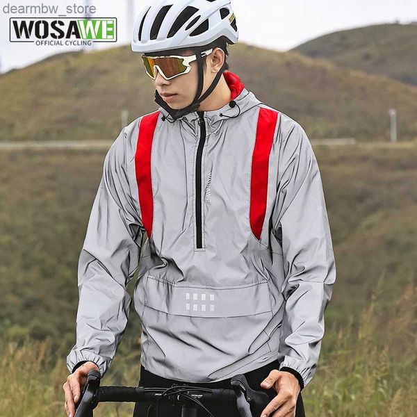 Велосипедные куртки WOSAWE Полностью светоотражающая куртка с капюшоном Велосипедная куртка Ветровка Ветрозащитная двойная тканевая половинная молния с большим передним карманом Теплое пальто24329