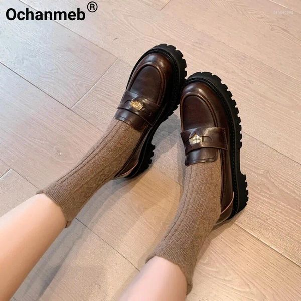 Sapatos casuais ochanmeb saltos grossos mulheres de couro real penny mocassins plataforma de salto grosso deslizamento-em mulher preguiçosa 40 primavera outono 2024