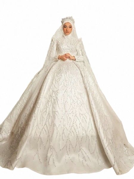 Luxus Hoher Kragen Muslim Hochzeit Dres Dubai Ballkleid Puff LG Ärmeln Pailletten Saudi Arabisch Brautkleider Vestido De Novia j2KH #