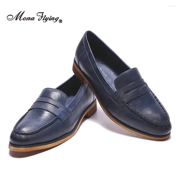 Sapatos casuais Mona Flying Womens Genuine Leather Penny Moafers Flats Elegante Confortável Amêndoa-Toe Flat para Senhoras H618-4