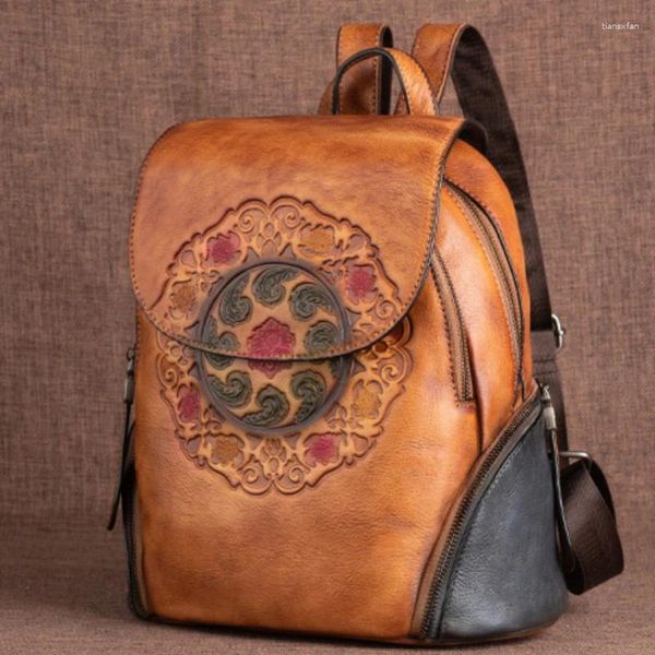 Rucksack aus echtem Leder im chinesischen Retro-Stil mit exquisiter Handwerkskunst, praktische Pendlertasche, solide Reisetasche mit großer Kapazität
