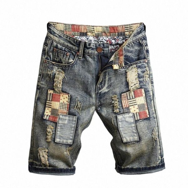 Fi homens streetwear rasgado vintage bermuda jeans curto verão masculino hip hop casual azul buracos soltos em linha reta denim shorts 28pc #