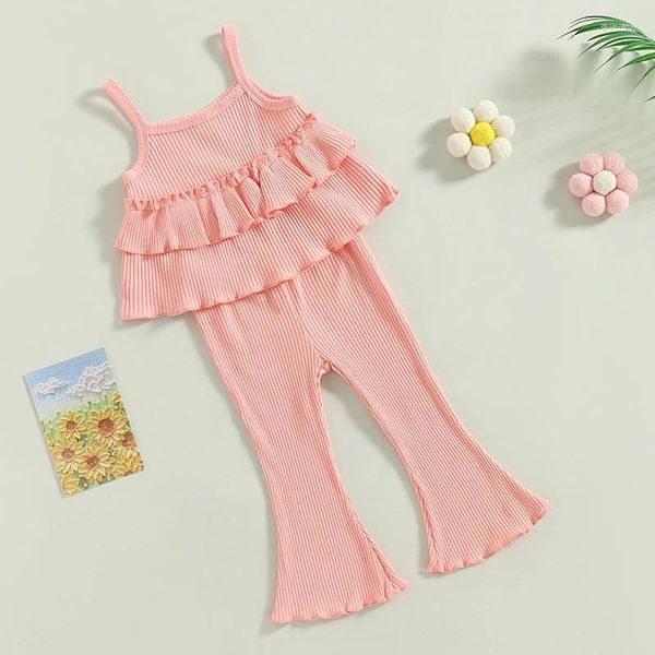 Set di abbigliamento Bambino Bambina Pantaloni a zampa d'elefante Vestito con volant a strati Canotta Top Pantaloni svasati Vestiti estivi a coste per bambini piccoli