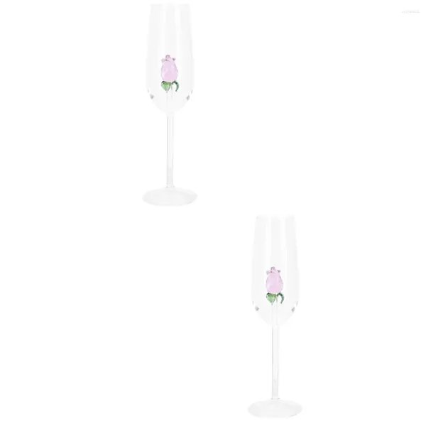 Copos de vinho 2 peças de vidro de casamento rosa flor torrando flautas para decoração de festa de aniversário