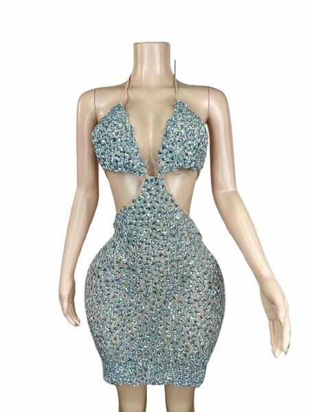 Sparkly Sexy Sier Rhineste Dr Mulheres Deslumbrantes DS DJ Verão Banquete Jantar Namoro Boate Cantor Stage Wear Queen Outfit H1X8 #