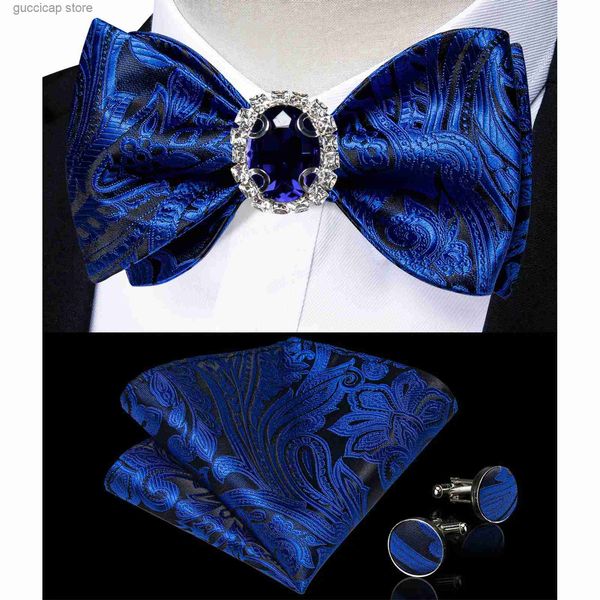 Bow Ties Klasik Kraliyet Blue Paisley Bowtie Bickerchief Cufflinks Ring Brooch için Brooch Man için smokin işletme partisi düğün moda bow bağları y240329