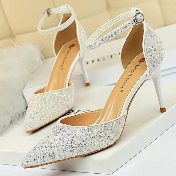 Sandalet Kadınlar Yaz 7.5cm 9.5cm Yüksek Topuklu Bling Lady Düğün Gelin Orta Kedi Sandles Sequins Glitter ayak bileği kayış ayakkabıları