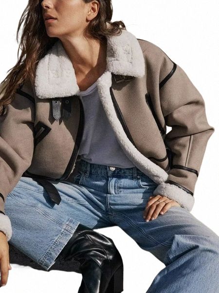 Frauen Y2K Faux Pelz Patchwork Kurzen Mantel Lg Sleeve Zip Up Fleece Abgeschnitten Jacke 2023 Herbst Winter Fi Weibliche Outwears u50S #