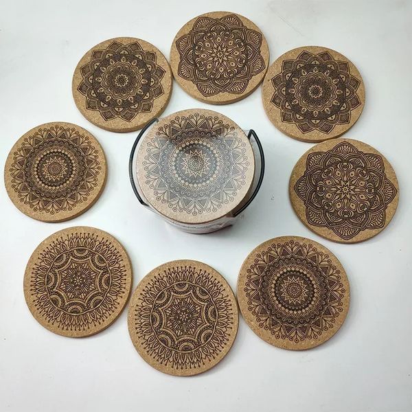 Nordic Mandala Yuvarlak Cork Coaster Braket Seti Potholder Masa Mat Placemat Kase Mat Pot Ahşap 240329