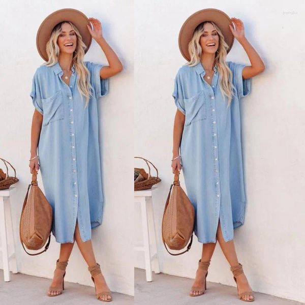 Ternos femininos mulheres verão denim camisa vestidos de manga curta angustiado jean vestido botão para baixo casual túnica topo de comprimento médio fenda camisa