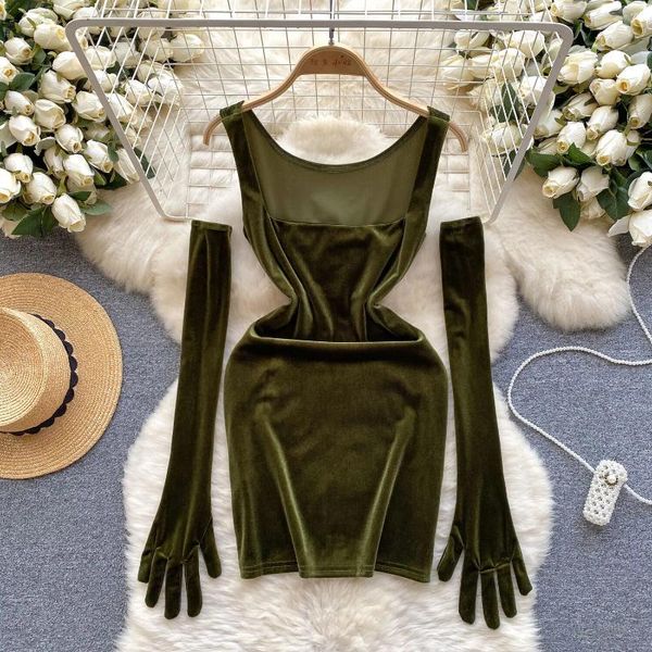 Lässige Kleider Foamlina Vintage Square Neck Sling Date Kleid für Frauen Mode Sexy Off The Sleeve Slim Fit Samt Mädchen Kurze