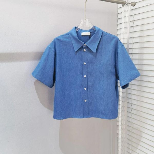 Camisetas femininas coleção de verão estilo casual camisa solta azul claro jeans