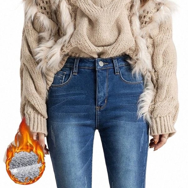 Winter Frauen Schnee Thermal Skinny Jeans Warm Plüsch Stretch Bleistift Hose Lässig Dicke Fleece Jeans Hot Legging Retro Blaue Hose g2Fu #