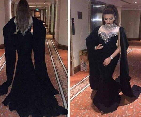 2017 Neue Ankunft Perlen Schwarze Abendkleider Sexy CapeStyle Meerjungfrau High Neck Formal Pageant Prom Party Kleider Dubai Arabisch Stil3674887