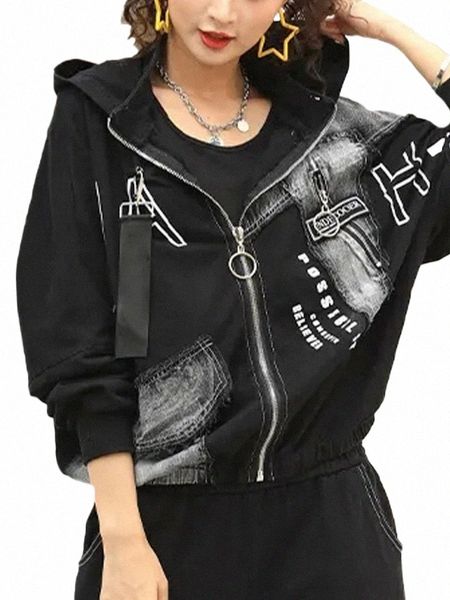 2023 Autunno Womens Fi Lettera Punk Denim giacche da donna con cappuccio Design cappotti larghi Classic Plus Size Vintage tuta sportiva casuale T5XM #