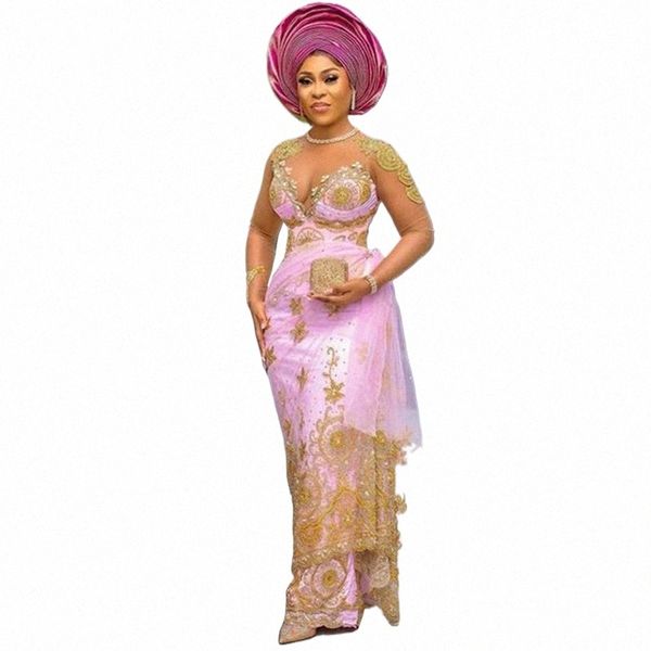 Exquisite Perlen Spitze Rosa Abend Dres Asoebi Stil Formale Party Kleider Nigerian Afrikanischen Hochzeit Gast Dr 2024 Plus Größe Z97G #