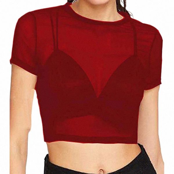 Stilvolle Bar Sommer Womens Sexy Sheer Mesh Top Streetwear T-Shirts Schlanke durchsichtige Hemden Transparente Crop Tops Clubwear Tank Schwarz P1sy #