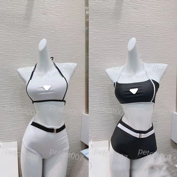 Mulheres Halter Bikini Triângulo Metal Logo Cor Sólida Maiô Push Up Bra Cintura Alta Cuecas Set Designer Maiôs Para Verão Praia Biquíni