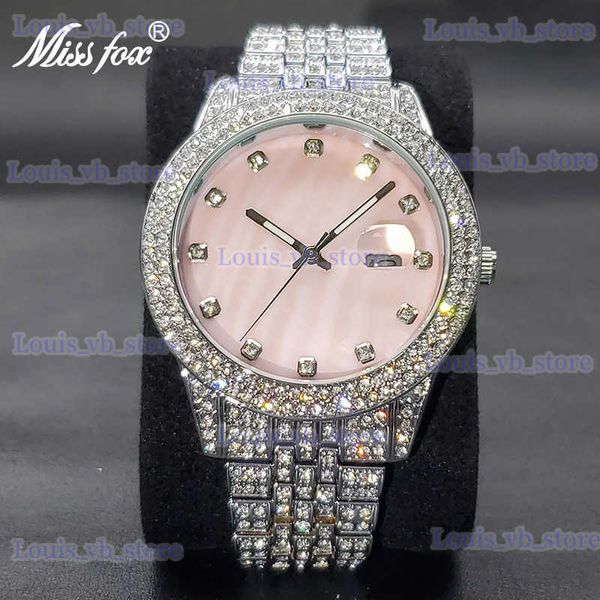 Outros relógios Missfox designer para mulheres marca de luxo gelo fora diamante es diferente pérola vestido rosa wrises casal dropshipping t240329