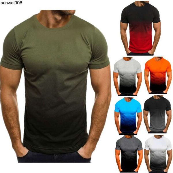 Bahar Yeni Mens Leisure Sports Fashion 3D Gradyan Kısa Kollu Mürettebat Boyun T-Shirt Erkekler