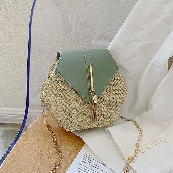 Abendtaschen Sechseckige Form Stroh PU-Leder Handtasche Frauen Sommer Rattan Tasche Handarbeit gewebt Strand Böhmen Kettenriemen Schulter Umhängetasche