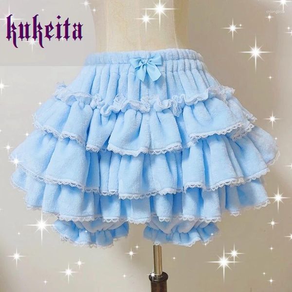 Röcke für Damen, Kawaii-Spitze, plissiert, japanische Süße, Fleece, Lolita, Mini-Rüschen, Pumphose, Harajuku, niedlich, elastische Taille, geschwollener Kuchenrock