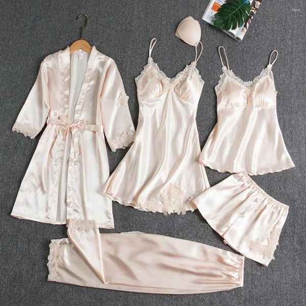 Home Bekleidung Seiden-Pyjama-Set, eleganter seidiger Satin-Spitzen-Patchwork-Damenpyjama mit Schnürung an der Taille, 5-teiliges Nachthemd, Oberteil, Shorts und Hosen