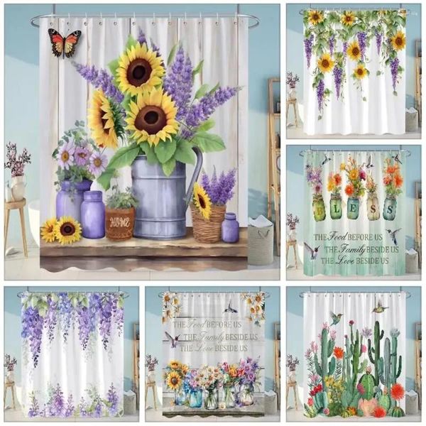 Duschvorhänge, Sonnenblumen, Lavendel, grüne Pflanzen, Blumen, kleine weiße Gänseblümchen, Schmetterlinge, hängende Badezimmerdekoration