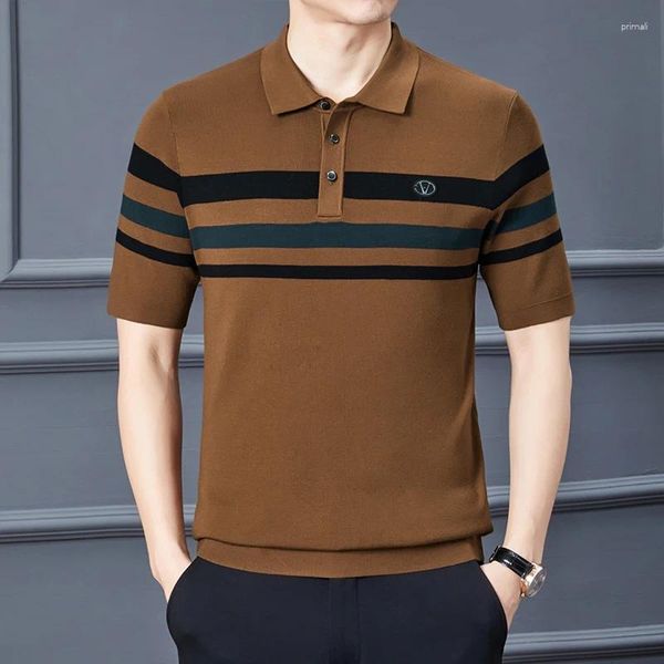 Suéter masculino moda cidade 2024 primavera camiseta seda veludo t meia manga acolchoada lapela curta camisa polo de manga curta