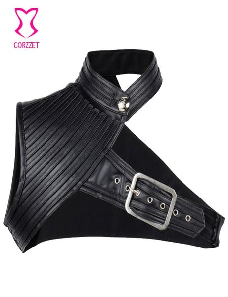 Um ombro gola de couro preto steampunk espartilho jaqueta vintage roupas góticas plus size traje burlesco acessórios 1874364