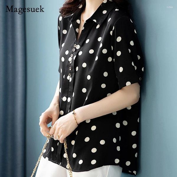 Damenblusen 2024 Polka Dot Print Kurzarmhemd für Frauen Sommer lose dünne Tops Bürodame Chiffon Schwarze Bluse Blusa 15462